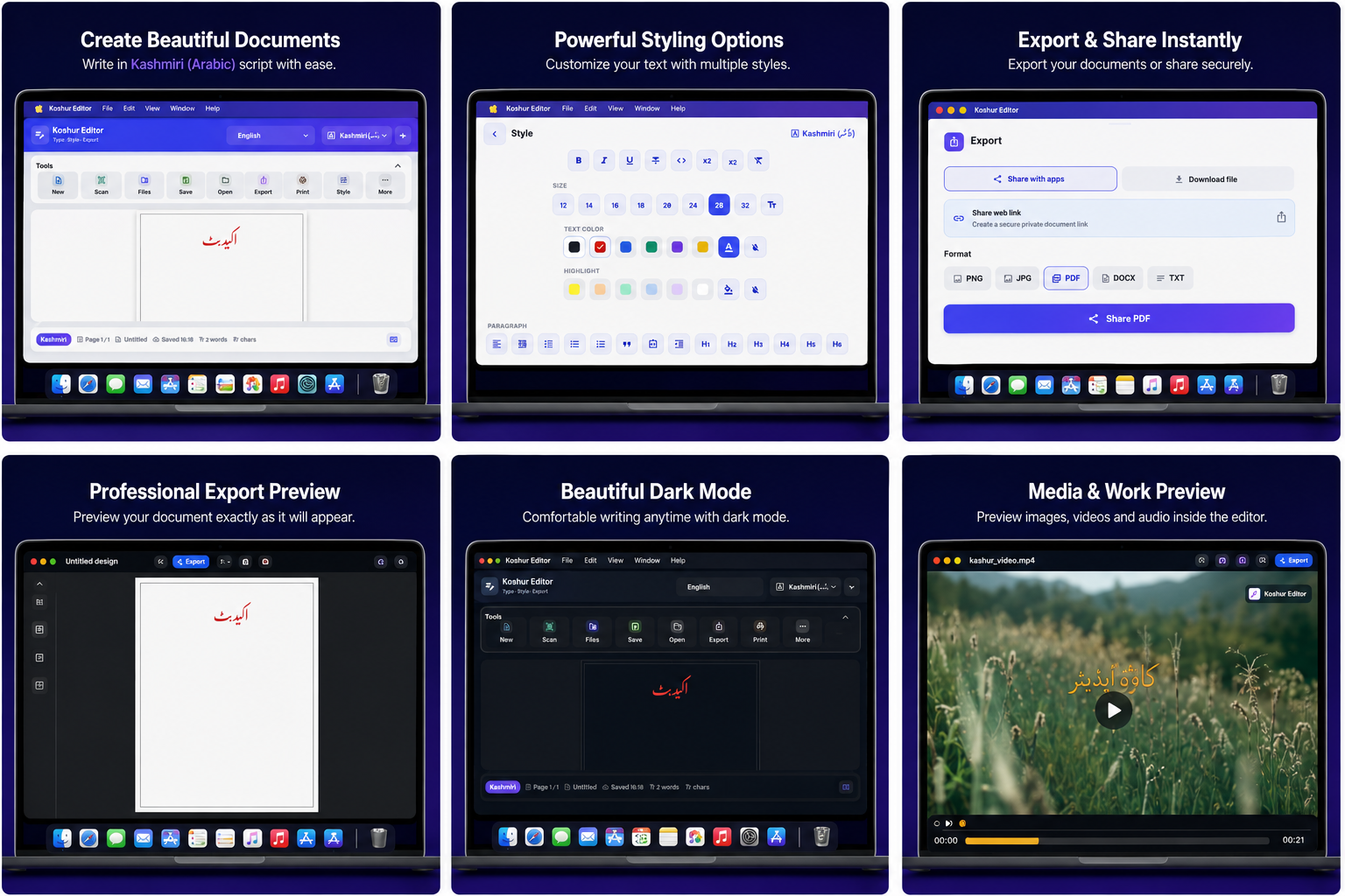 Koshur Editor macOS app preview showing document editing, styling, export, preview, dark mode, and media tools